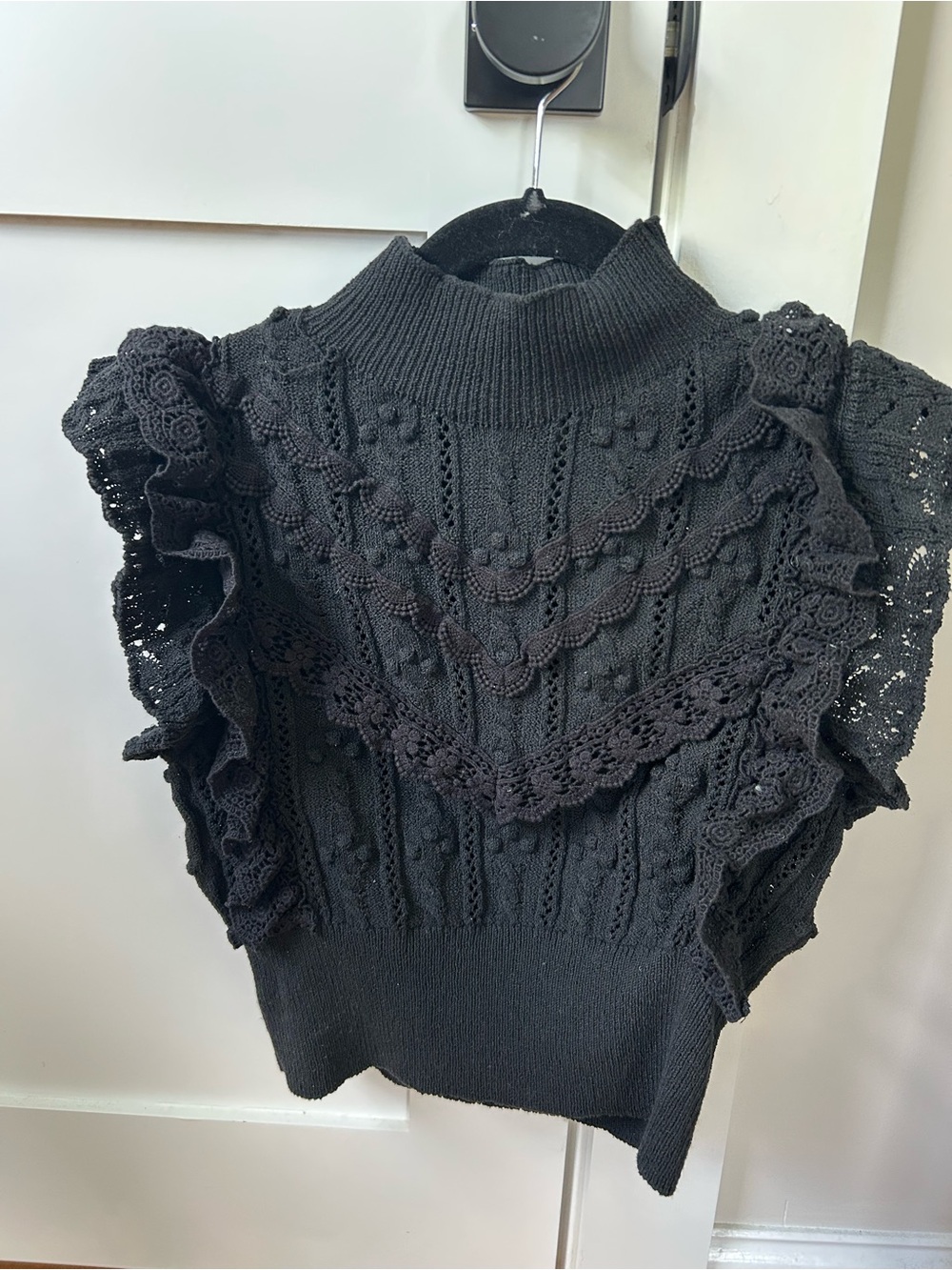 Black Lace-Trim Mock Neck Women's Sweater